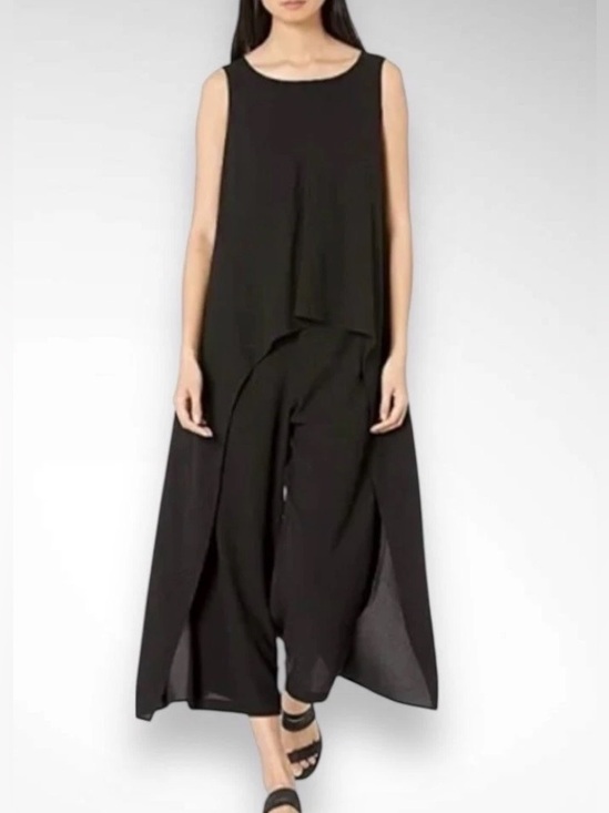 Eileen Fisher Pants - Eileen Fisher Silk Georgette Crepe Drape Overlay Jumpsuit Black Medium